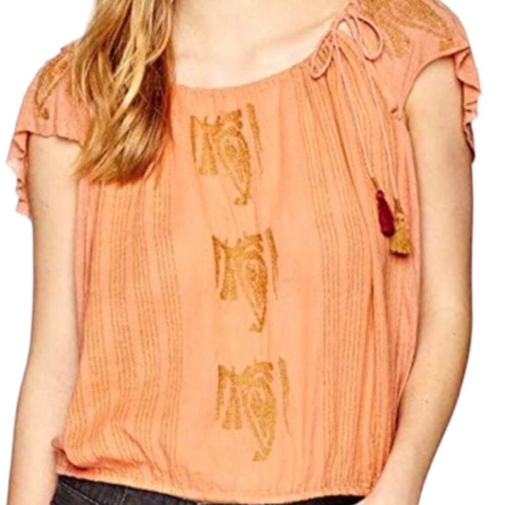 Free People Embroidered Peasant Top in Coral (Orange) with Gold & Burgundy XS - Picture 5 of 8